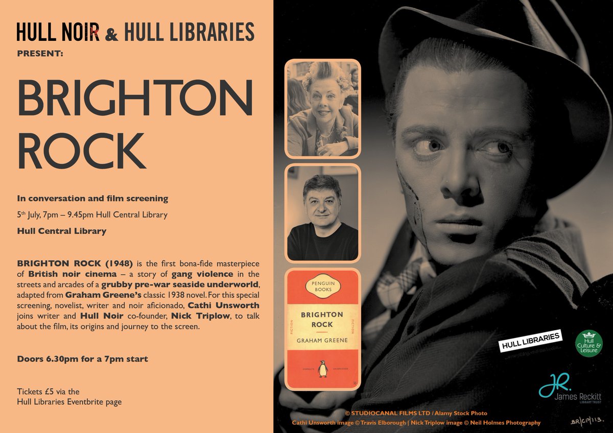 Hull Noir (@hullnoir) on Twitter photo We're thrilled to be working with <a href="/hull_libraries/">Hull Libraries</a> to present 'Brighton Rock', 5th July (7pm).
Our guide for the evening will be the Queen of Noir, Cathi Unsworth. She'll be in conversation with <a href="/nicktriplow/">Nick Triplow</a> before we show the film.
Tickets £5 (link in the comments). We're thrilled to be working with <a href="/hull_libraries/">Hull Libraries</a> to present 'Brighton Rock', 5th July (7pm).
Our guide for the evening will be the Queen of Noir, Cathi Unsworth. She'll be in conversation with <a href="/nicktriplow/">Nick Triplow</a> before we show the film.
Tickets £5 (link in the comments).