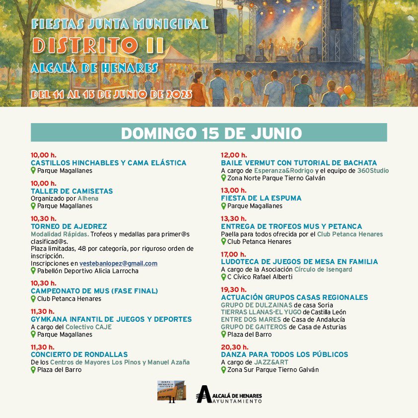DISTRITOS |
🎉 Las 'Fiestas del Distrito II' continúan en Alcalá de Henares.

🎶💃🏼🎭 Este DOMINGO disfruta con talleres, torneos, rondalla, danza, vermut, música de las casas regionales, y actividades para toda la familia.

ℹ️ Consulta toda la programación aquí 👉