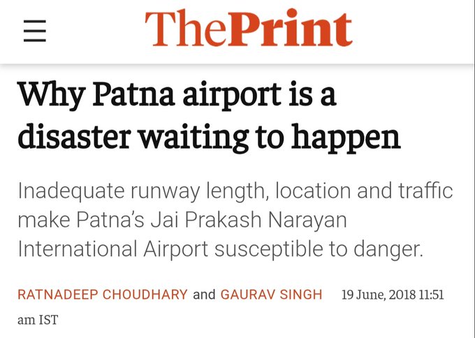 Subhav Samarth (@subhavsamarth) on Twitter photo WARNING to all concerned 🚨
Ahmedabad type incidents will happen again.
Patna airport runway is DANGEROUS!
You have been warned:
<a href="/PMOIndia/">PMO India</a> <a href="/RamMNK/">Ram Mohan Naidu Kinjarapu</a> <a href="/mohol_murlidhar/">Murlidhar Mohol</a> <a href="/AAI_Official/">Airports Authority of India</a> <a href="/nildeoreIAS/">Nilesh Deore</a>
#ExpandPatnaRunway WARNING to all concerned 🚨
Ahmedabad type incidents will happen again.
Patna airport runway is DANGEROUS!
You have been warned:
<a href="/PMOIndia/">PMO India</a> <a href="/RamMNK/">Ram Mohan Naidu Kinjarapu</a> <a href="/mohol_murlidhar/">Murlidhar Mohol</a> <a href="/AAI_Official/">Airports Authority of India</a> <a href="/nildeoreIAS/">Nilesh Deore</a>
#ExpandPatnaRunway