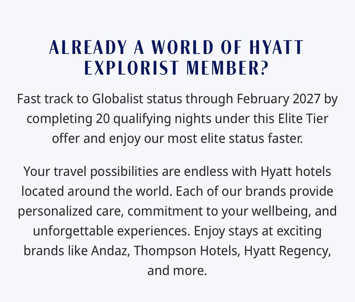 ExplorebyRoad's tweet photo. #Hyatt #Explorist and #Globalist challenge is available for registration through December 2025 with validity until February 2027!
This is a corporate challenge so try your luck with your office email address where you receive a email if your organization is enrolled and your time starts to complete the challenge in 90 days (3months)
10 Nights = #Explorist
+ 10 Nights = #Globalist