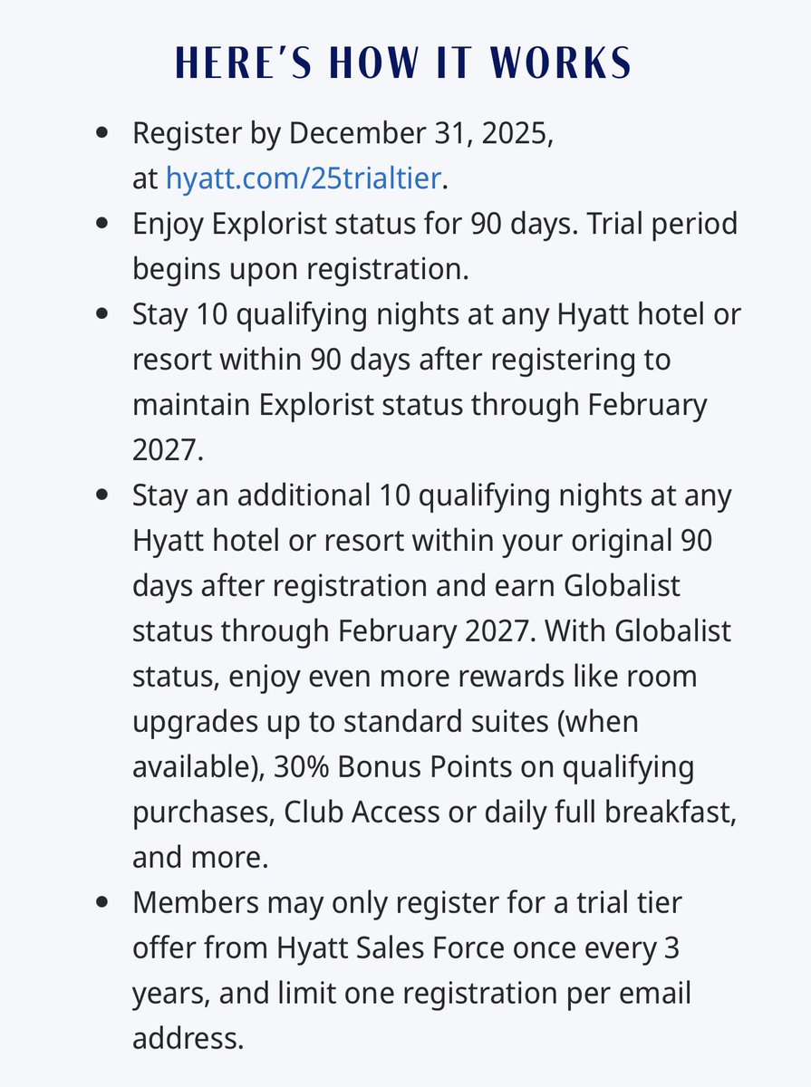 ExplorebyRoad's tweet photo. #Hyatt #Explorist and #Globalist challenge is available for registration through December 2025 with validity until February 2027!
This is a corporate challenge so try your luck with your office email address where you receive a email if your organization is enrolled and your time starts to complete the challenge in 90 days (3months)
10 Nights = #Explorist
+ 10 Nights = #Globalist