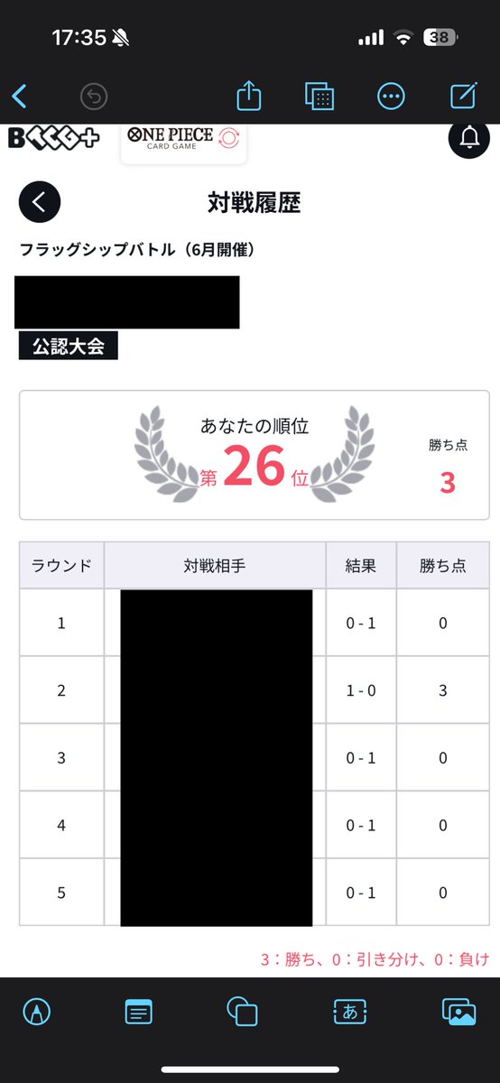 フラシ
使用　青クザン
1回戦 青紫ルフィ 後❌
2回戦 赤レイリー 先◯
3回戦 緑紫ルフィ　先❌
4回戦 赤レイリー　後❌

先週と同じく、1勝3敗！！
1勝芸人から脱却したいよー泣