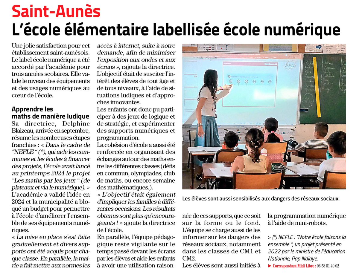 Belle mise en valeur du travail de l’école de <a href="/villesaintaunes/">Ville de Saint-Aunès</a> par <a href="/Midilibre/">Midi Libre</a> ! Bravo à l’équipe pédagogique ! #labelécolenumérique <a href="/34Dsden/">DSDEN 34</a> <a href="/acmontpellier/">Académie Montpellier</a>