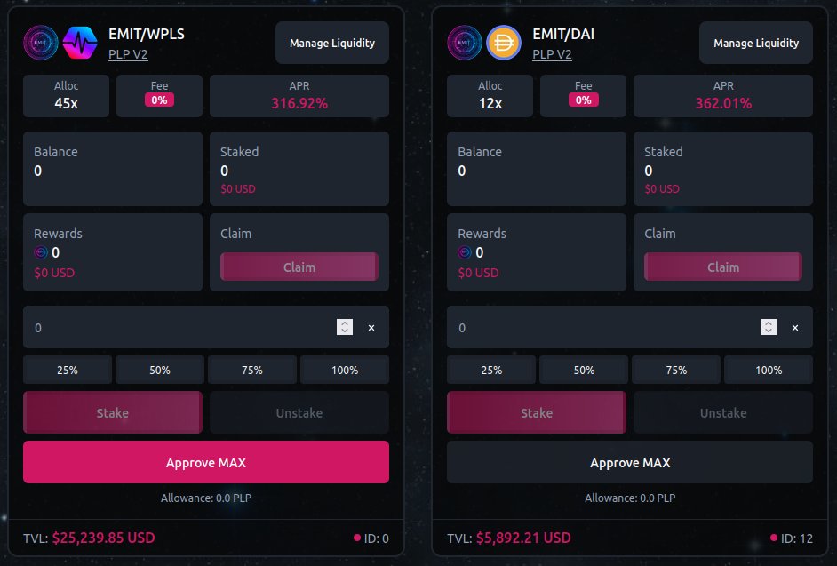 📡 EMIT PAIRED CORE FARMS 🛰️

✨ PAIR EMIT &amp; EARN $EMIT ✨

🚀 EMIT/PLS ➡️ 316% APR
🚀 EMIT/DAI ➡️ 362% APR
🚀 EMIT/PLSX ➡️ 292% APR
🚀 EMIT/INC ➡️ 287% APR

🧑‍🌾 Farms ➡️ emit.farm/farms 🔗
🤗 Community ➡️ t.me/emitfarm 🔗

🔛 #PulseChain $PLS $PLSX $INC #EMIT