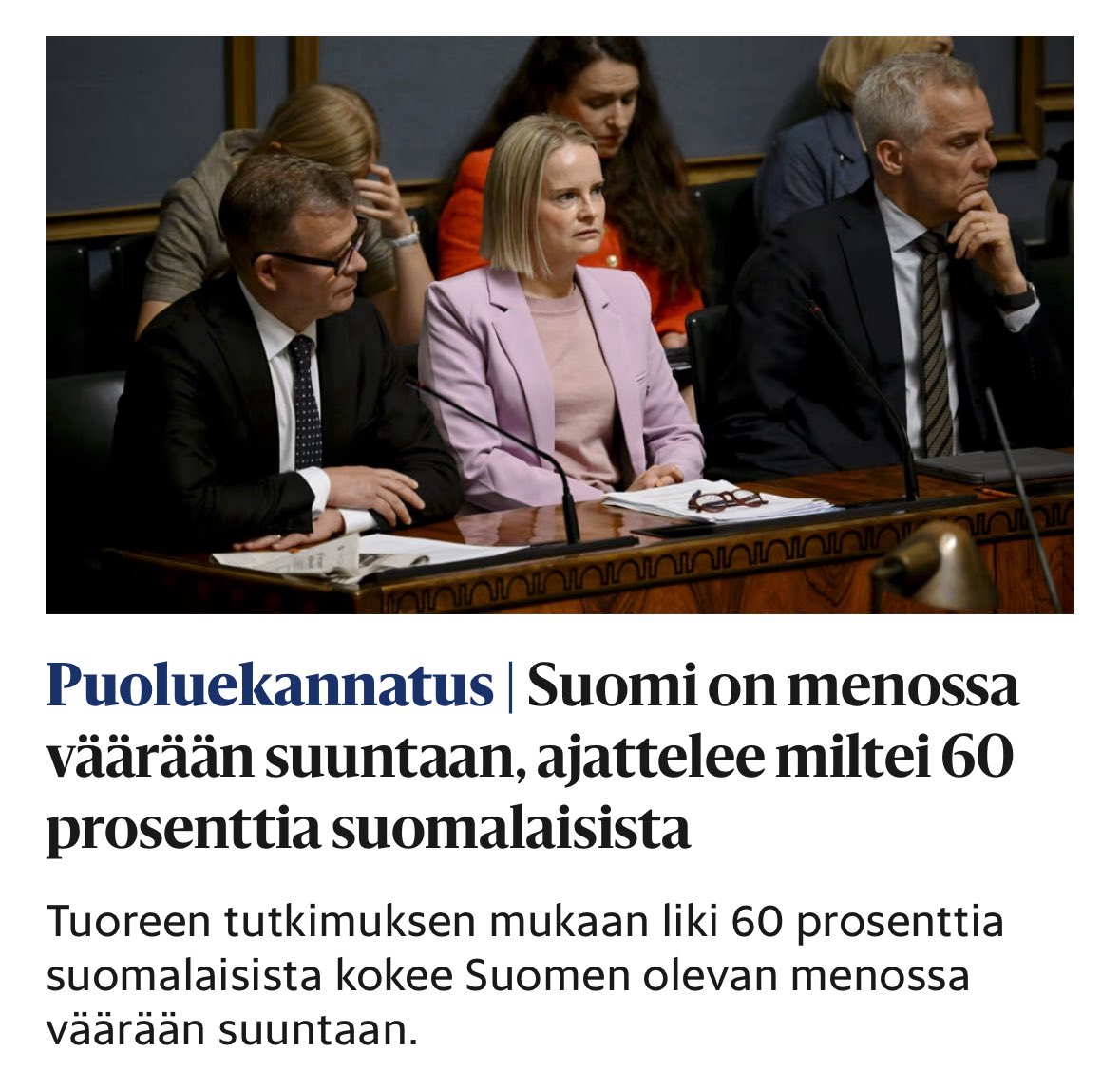 Sama porukka, joka on tukenut Suomen väärää suuntaa innolla, on nyt sitä mieltä, että Suomi on menossa väärään suuntaan. 🤷‍♂️

Ja seuraavaksi tukevat valtaan taas vasemmistovetoisen hallituksen ja jo kohta taas toteavat, että väärään suuntaan mennään.

Yrittäkää ymmärtää: Kaikki