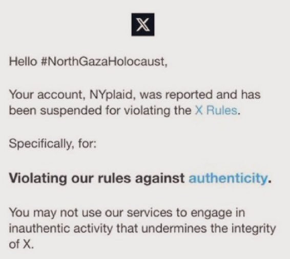 The account of journalist <a href="/NYplaid/">#NorthGazaHolocaust</a>, reporting for <a href="/MENAUncensored/">MENA UNCENSORED</a> is suspended for ‘telling’ that israeli leaders are bedded up in bunkers