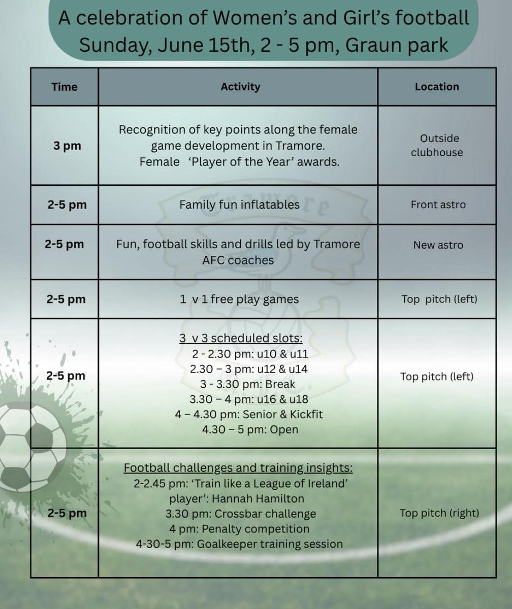 3v3 Ireland (@3v3irl) on Twitter photo We have a very exciting Sunday coming up featuring #ballinplay action across the country.
⚽ <a href="/TramoreAFC/">Tramore AFC</a> Celebration of Women's and Girl's Football.
⚽ <a href="/stmochtasfc/">St. Mochta's FC</a> 75th Anniversary Family Fun Day.
We can't wait for the skills, the goals & the celebrations!!! We have a very exciting Sunday coming up featuring #ballinplay action across the country.
⚽ <a href="/TramoreAFC/">Tramore AFC</a> Celebration of Women's and Girl's Football.
⚽ <a href="/stmochtasfc/">St. Mochta's FC</a> 75th Anniversary Family Fun Day.
We can't wait for the skills, the goals & the celebrations!!!