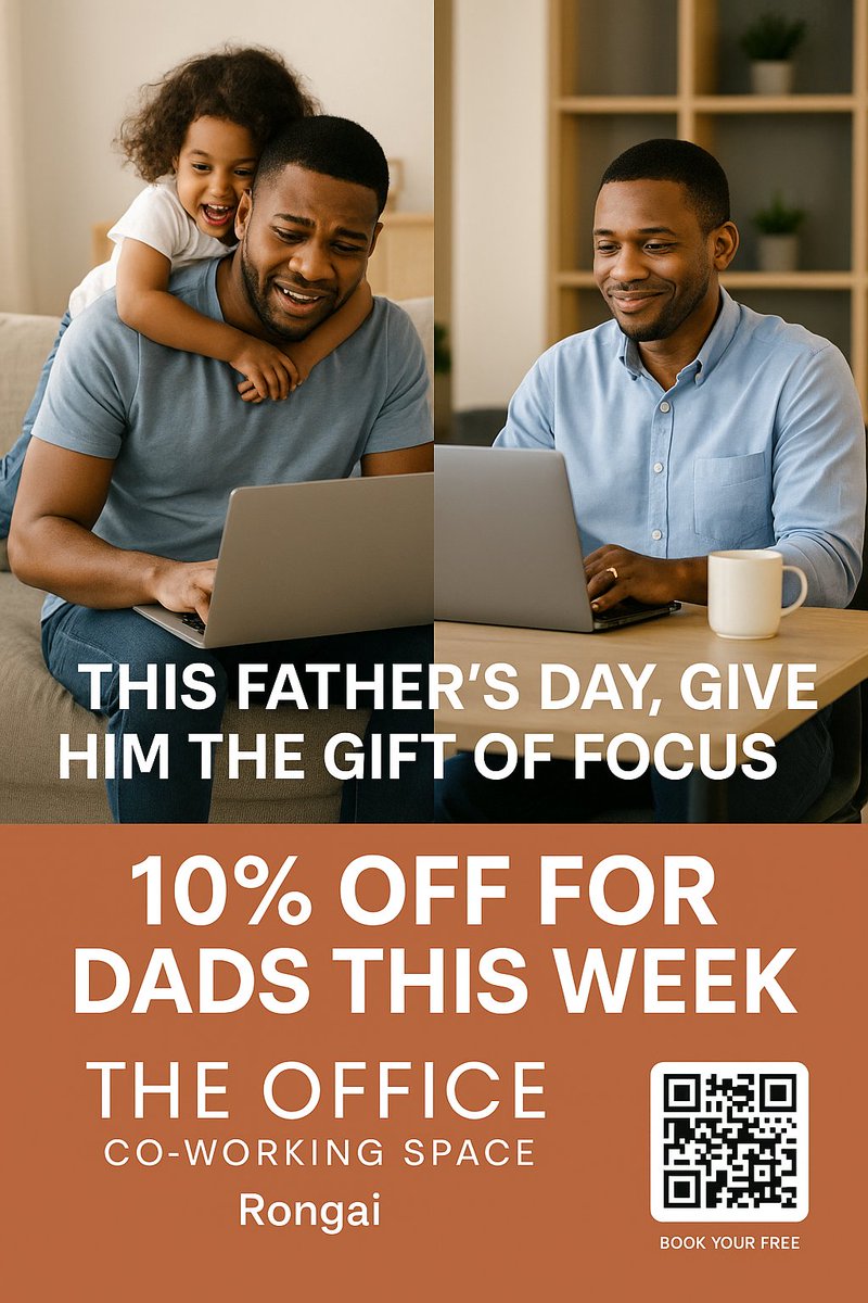 🎯 10% OFF for all dads this week at The Office – Co-working Space, Rongai.

Because dadpreneurs deserve their own space too. 
📍Fast Wi-Fi | ☕ Coffee | 💻 Peace

#FathersDay #CoworkingForDads #TheOfficeRongai #RemoteWorkKE #WorkFromRongai #June25thNationalHoliday
