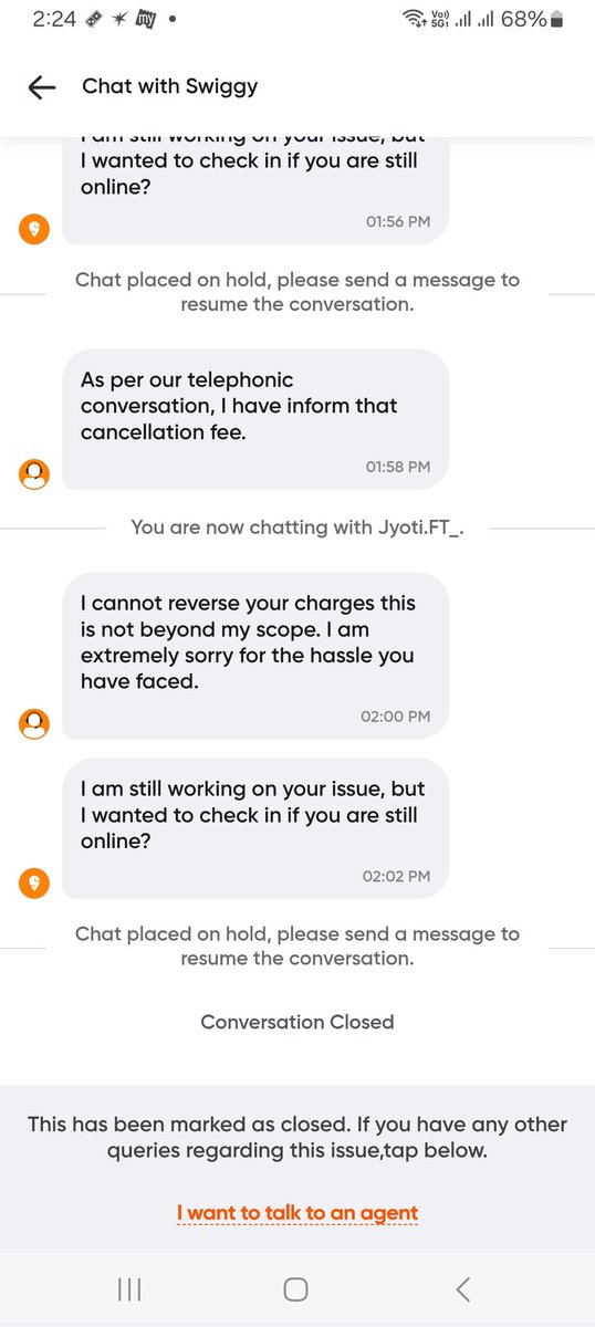 prattycool's tweet photo. @Swiggy @Swiggy is a cheat, my 6 year old son Accidentally places order at 1.31 pm and i cancel within 2 minutes but I still get charged full cancellation fee.
@zomato is much better , I am uninstalling swiggy due to poor Customer service. https://t.co/aBPJtl8Ts6