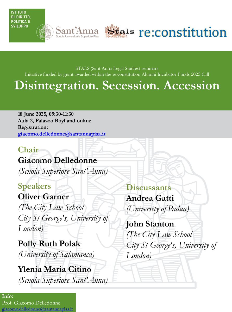 Giacomo Delledonne (@g_delledonne) on Twitter photo "Disintegration. Secession. Accession": on Wednesay 18 June, the <a href="/reconstitutEU/">re:constitution</a> alumni incubator project will hold the event “Disintegration. Secession. Accession” at <a href="/ScuolaSantAnna/">ScuolaSantAnna</a> in Pisa (see the agenda below). For info, email giacomo.delledonne@santannapisa.it. "Disintegration. Secession. Accession": on Wednesay 18 June, the <a href="/reconstitutEU/">re:constitution</a> alumni incubator project will hold the event “Disintegration. Secession. Accession” at <a href="/ScuolaSantAnna/">ScuolaSantAnna</a> in Pisa (see the agenda below). For info, email giacomo.delledonne@santannapisa.it.