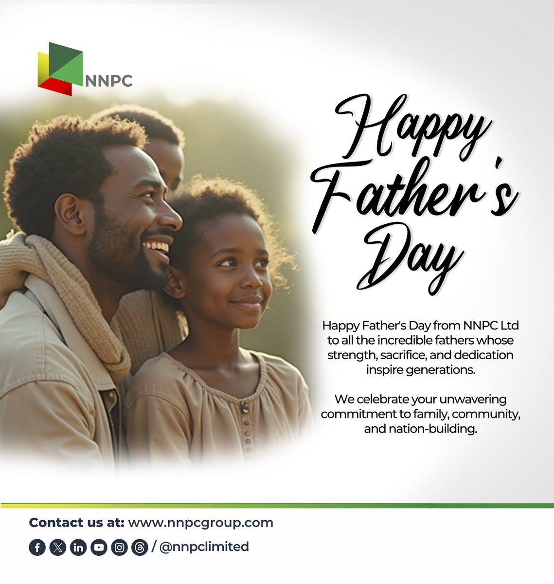 nnpclimited's tweet photo. Happy Father's Day from NNPC Ltd. to all the incredible fathers whose strength, sacrifice, and dedication inspire generations.

We celebrate your unwavering commitment to family, community, and nation-building.

#FathersDay 
#EnergyForToday 
#EnergyForTomorrow https://t.co/0J5bk611sE