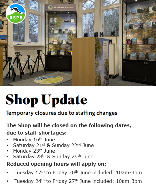 Up to date calendar of closures/opening times for The Lodge Shop, up to Sunday 29th June. 👇

The Cafe is scheduled to be open all days.

Please keep checking here for any updates, and thank you for your understanding.