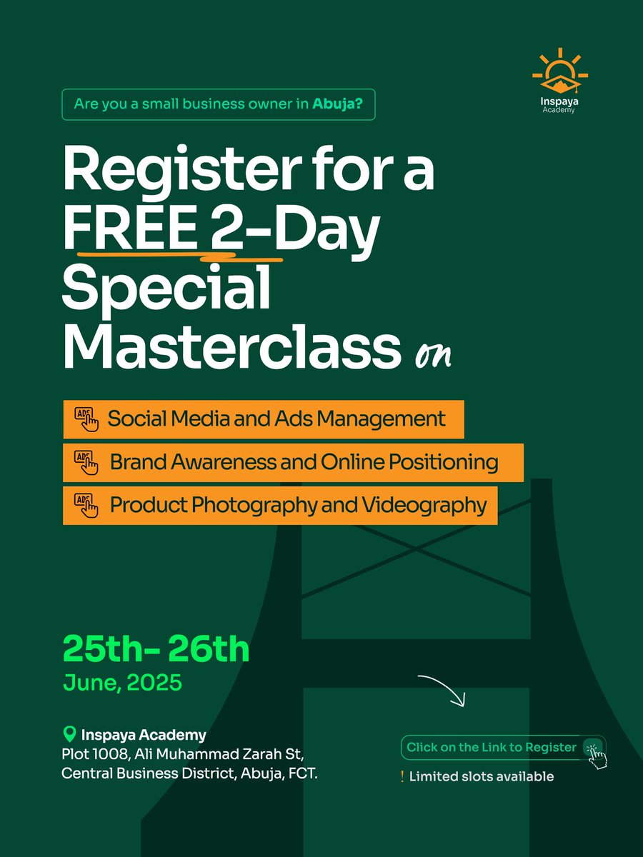 Ademuyiwa Adebola anipr (@thisisademuyiwa) on Twitter photo Hello Abuja small business owners, <a href="/InspayaAcademy/">Inspaya Academy</a> is organizing a FREE 2-Day Masterclass that can help you improve sales.
Let’s help you get ahead.
Limited slots available. You will receive an email if your application is successful or not.
#InspayaAcademy
Register via Hello Abuja small business owners, <a href="/InspayaAcademy/">Inspaya Academy</a> is organizing a FREE 2-Day Masterclass that can help you improve sales.
Let’s help you get ahead.
Limited slots available. You will receive an email if your application is successful or not.
#InspayaAcademy
Register via