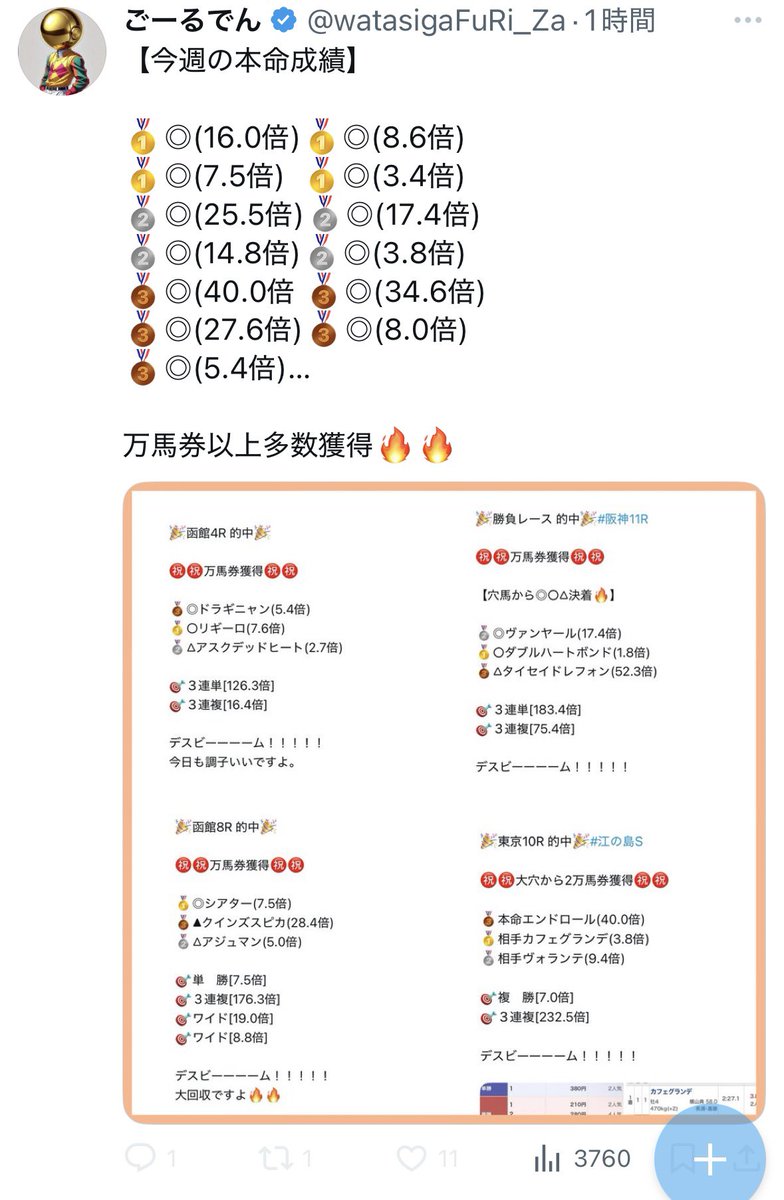 回収率を言わないのでごーるでんは今週もいつも通り負けてるようですね。
3連単マルチを連発して万馬券当ててもトータル負けてたら意味ないですよ。