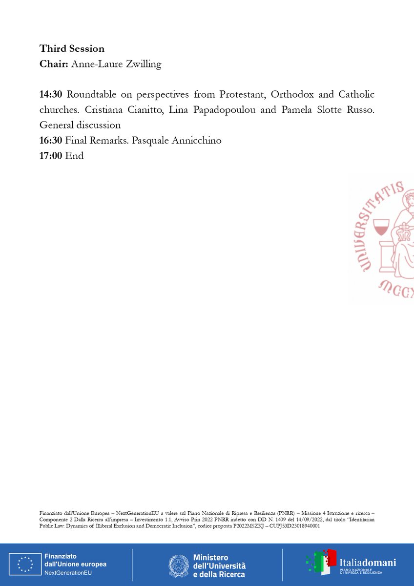 Giacomo Delledonne (@g_delledonne) on Twitter photo On 26-27 June, a workshop on "The 'Christian' Element in Identitarian Public Law: Law and Religion Perspectives" will be held at <a href="/unisiena/">Università di Siena</a> (Polo Mattioli). The workshop is part of the activities of our PRIN PNRR project "Identitarian Public Law", launched in November 2023. On 26-27 June, a workshop on "The 'Christian' Element in Identitarian Public Law: Law and Religion Perspectives" will be held at <a href="/unisiena/">Università di Siena</a> (Polo Mattioli). The workshop is part of the activities of our PRIN PNRR project "Identitarian Public Law", launched in November 2023.