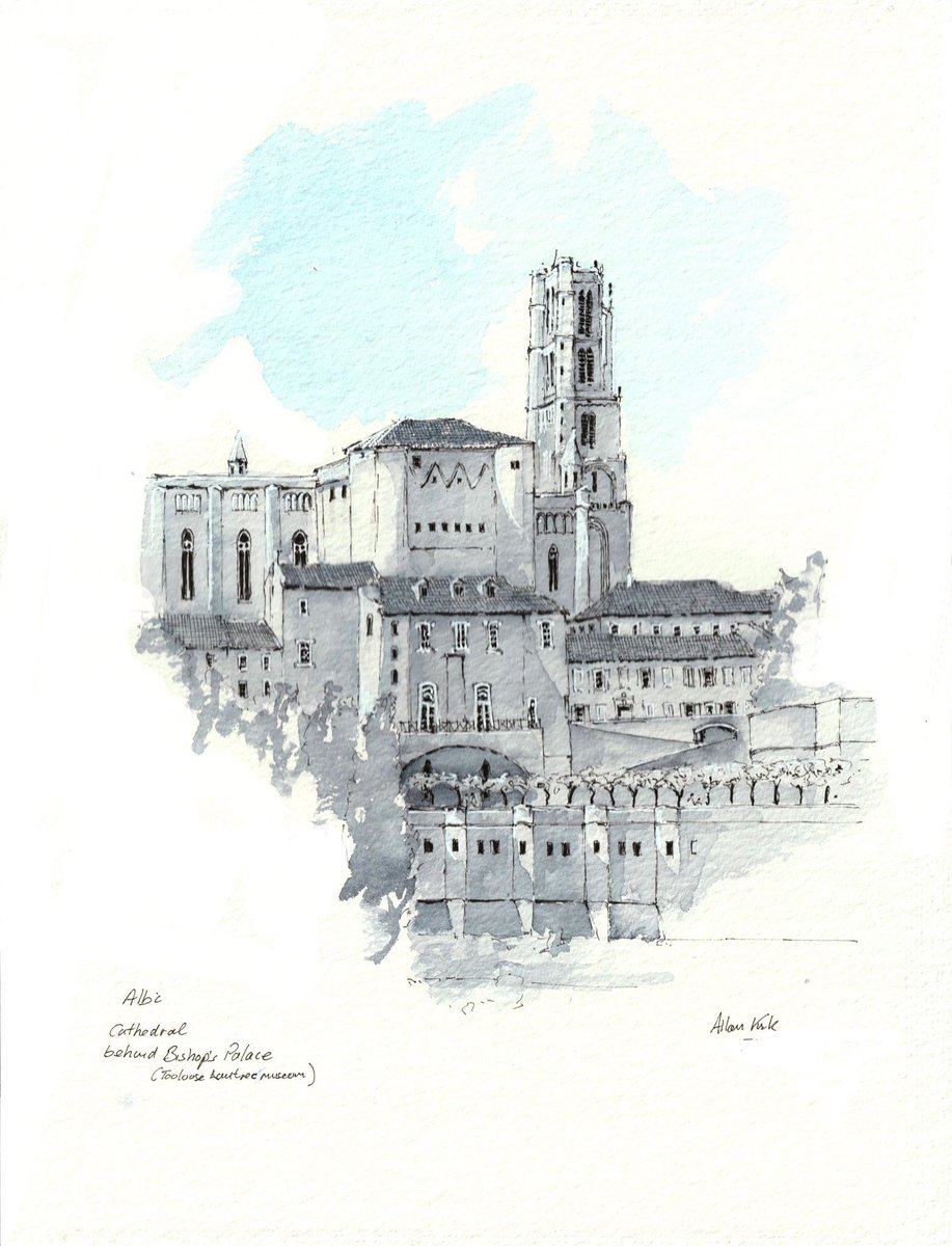 Albi Cathedral -  Black fineliner pens and Watercolour pallet I made up with selected greys and a blue.     #sketchbook #urbansketcher #urbansketchers #sketch #urbansketch #sketchtravel #usk #akirk54 #landscapepainting  #watercolour #thedailysketch  #drawing