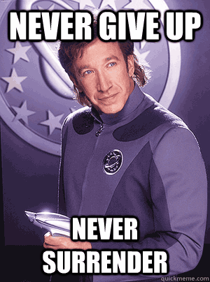 CatManitarMike's tweet image. Donald Trump used Tim Allen's line from Galaxy Quest in his speech after the parade. "Never give up! Never surrender!"
