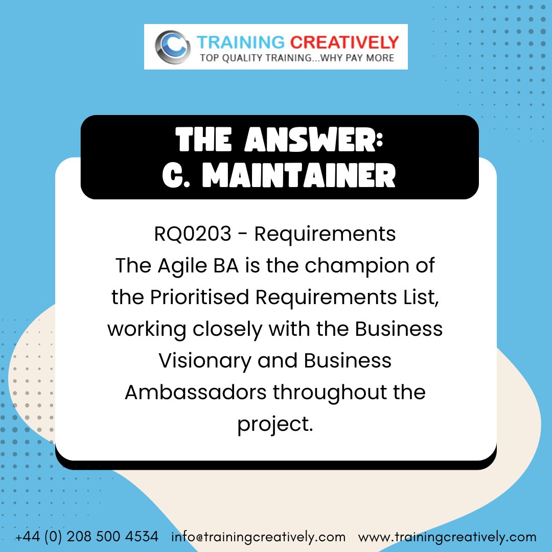traincreatively's tweet image. 📘 AgileBA Foundation Sample Exam – Q&amp;amp;A Pair #1
Start your day with a quick AgileBA challenge! Think you know the answer?

#AgileBA #BusinessAnalysis #AgileBusinessAnalyst
