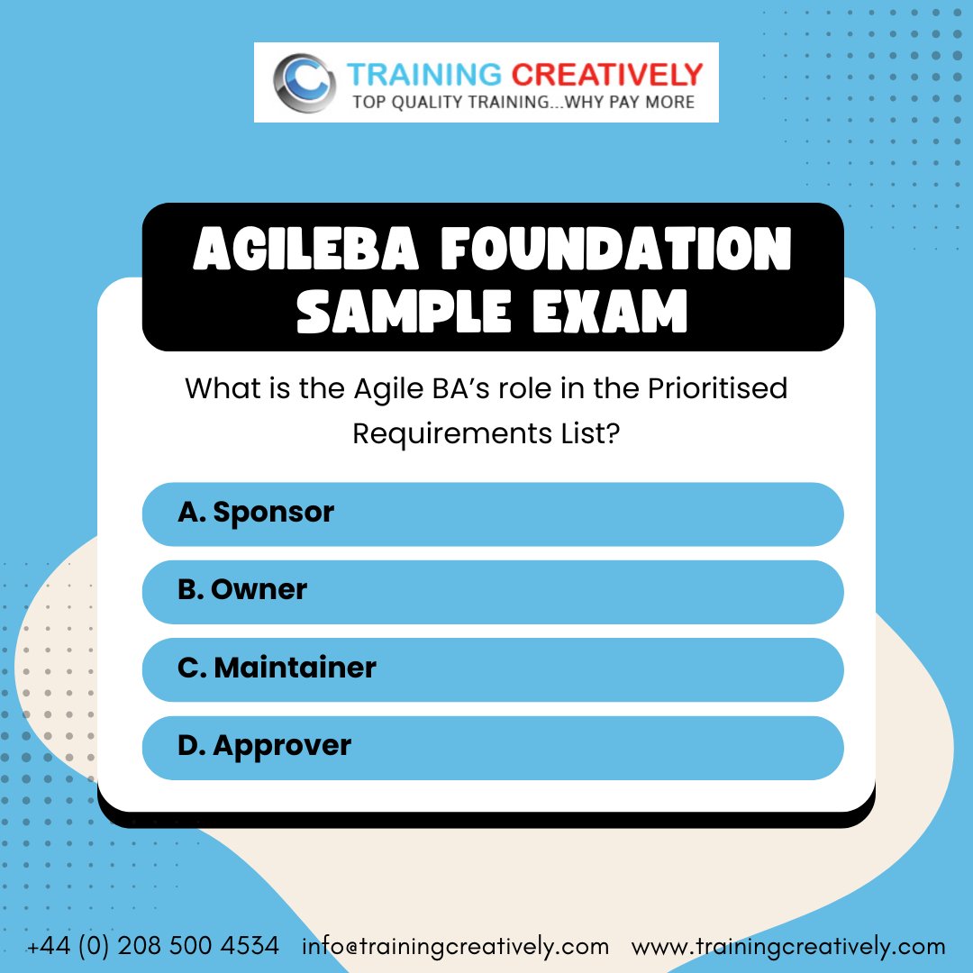 traincreatively's tweet image. 📘 AgileBA Foundation Sample Exam – Q&amp;amp;A Pair #1
Start your day with a quick AgileBA challenge! Think you know the answer?

#AgileBA #BusinessAnalysis #AgileBusinessAnalyst