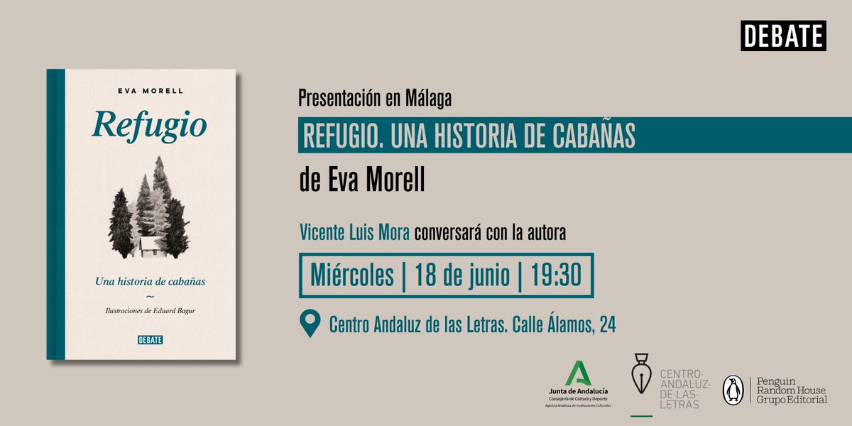Editorial Debate (@debatelibros) on Twitter photo Las cabañas nos invitan a regresar a la naturaleza, a una vida más pausada. Hablamos sobre ellas con <a href="/evamorell/">eva morell</a> y <a href="/MoraVicenteLuis/">Vicente Luis Mora</a> ⬇️
🗓️ 18 junio
⏰ 19:30h
📍 <a href="/letrasandalucia/">Centro Andaluz de las Letras</a>, #Málaga Las cabañas nos invitan a regresar a la naturaleza, a una vida más pausada. Hablamos sobre ellas con <a href="/evamorell/">eva morell</a> y <a href="/MoraVicenteLuis/">Vicente Luis Mora</a> ⬇️
🗓️ 18 junio
⏰ 19:30h
📍 <a href="/letrasandalucia/">Centro Andaluz de las Letras</a>, #Málaga
