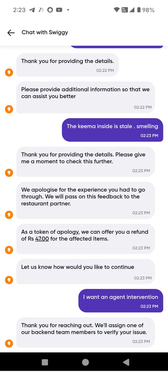 PrasheddaP's tweet photo. @SwiggyCares 
@Swiggy 
You should improve your standards.i order a food item worth 195 which was stale and smelling but when I contacted support they replied to take a Rs 47 refund when I denied they said backend team will check.whats going on https://t.co/p6dB7qa7Xg