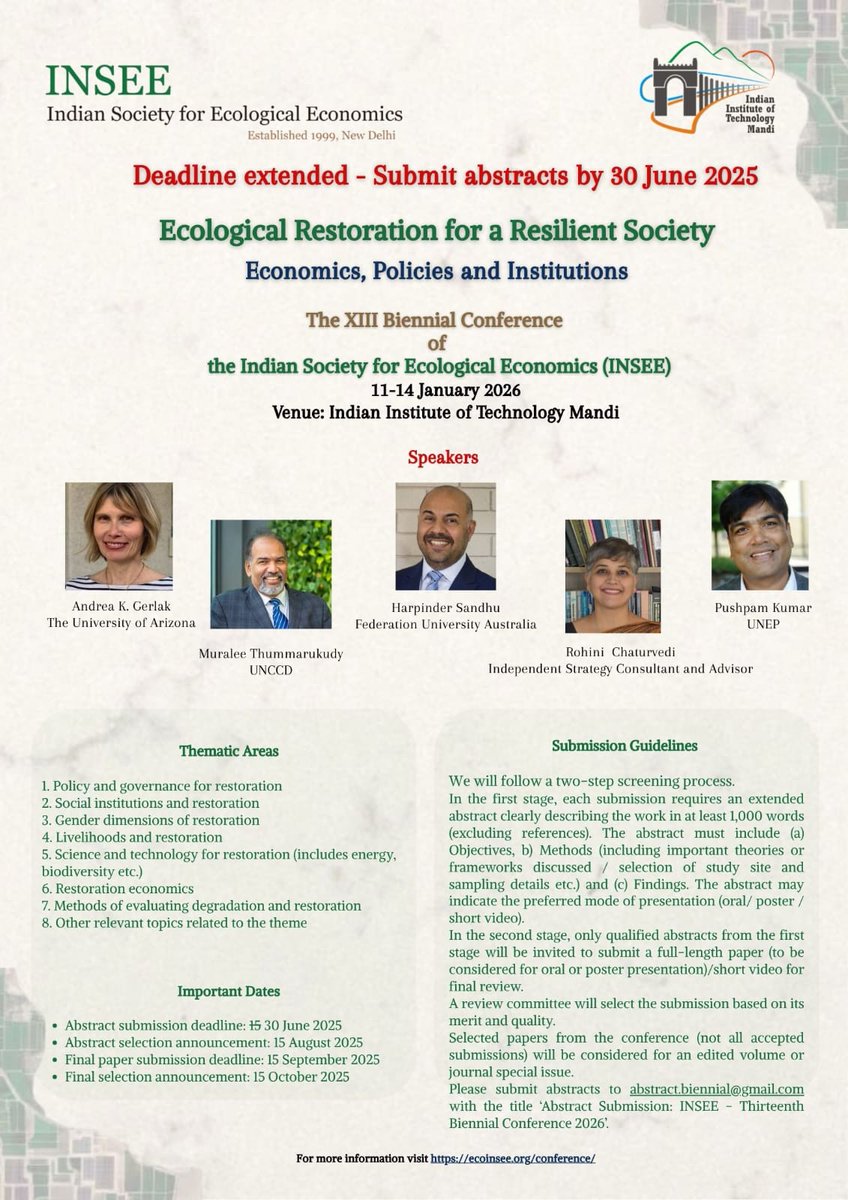 📢 DEADLINE EXTENSION ALERT 📢

Abstract Submission Deadline for INSEE-Thirteenth Biennial Conference 2026 is now extended till 30th June 2025.

Submit your abstract and engage in vital discussions and presentations.

#inseeconference26 #climatechange #SDG