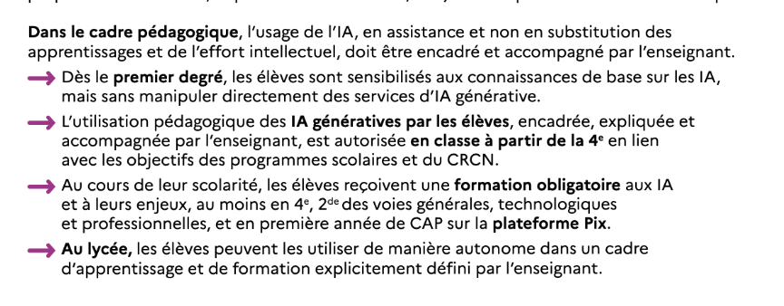 🚩 Charte d'usage de l'IA en éducation

▪ Protection des données confidentielles
▪ Prise en compte de l'impact environnemental
▪ Transparence dans son utilisation
▪ Garder un esprit critique

Et un cadre pour l'utilisation en classe.

education.gouv.fr/cadre-d-usage-…