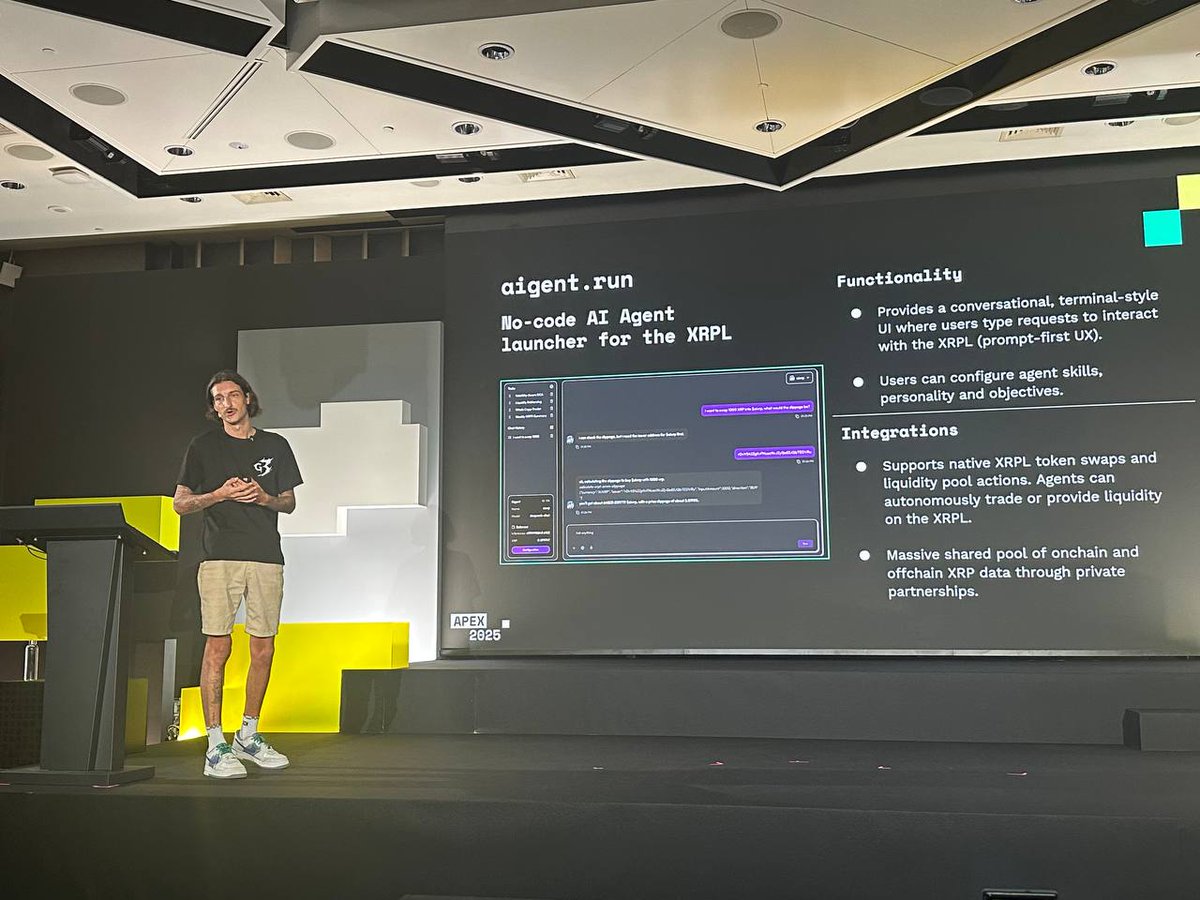 Another year, another <a href="/xrplapex/">Apex 2025</a>
Always my favorite event of the year, and I'm already looking forward to next year 👀

It was a pleasure to present what we're building at <a href="/aigentdotrun/">aigent.run</a> on the forefront of XRPL-native AI

Agent terminal launches soon

vibe trading??