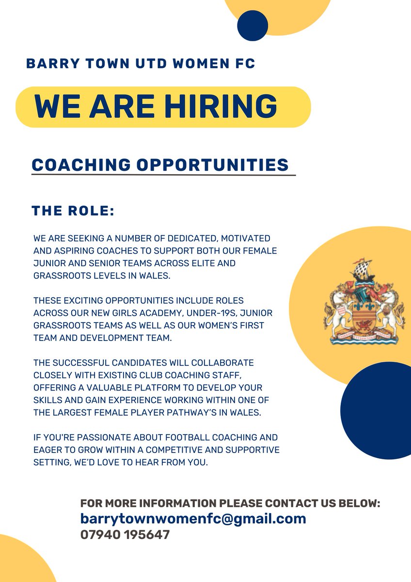We have two exciting opportunities for new staff members to work across our female player pathway including our women's section as well as the recently established FAW Girls Academy:  

⚽️Performance Analyst 
⚽️Coach  

Please drop us a message or call us if interested 🟡🔵