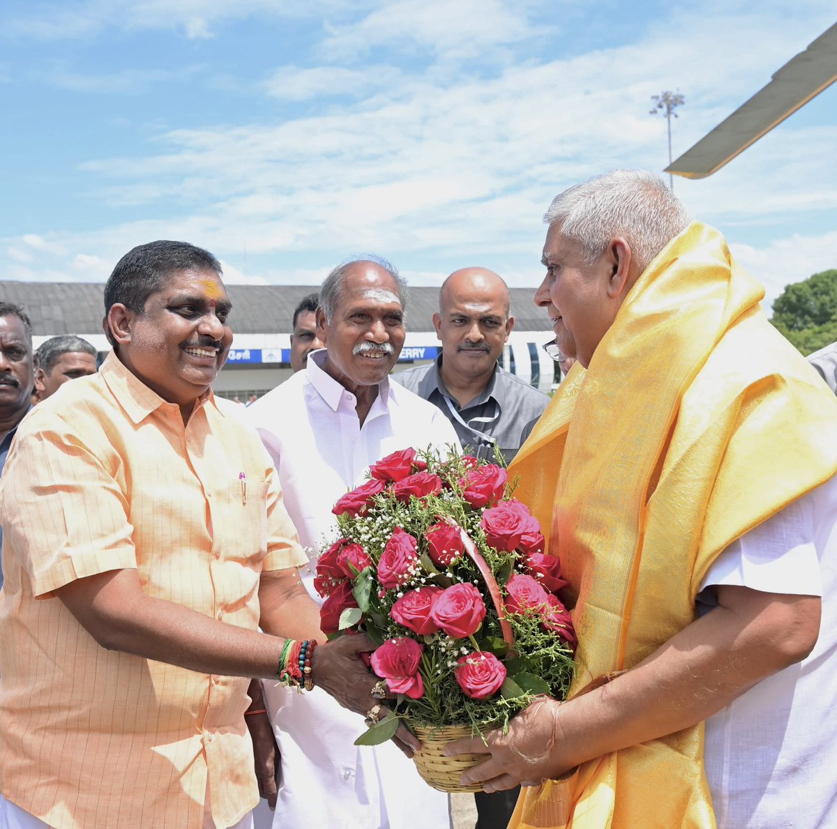 Hon'ble Vice-President, Shri Jagdeep Dhankhar was welcomed by Shri K. Kailashnathan Ji, Hon'ble Lt. Governor of Puducherry, Thiru N. Rangasamy Ji, Hon'ble Chief Minister of Puducherry, Thiru Selvam. R Ji, Hon'ble Speaker, Puducherry Legislative Assembly, Thiru A. Namassivayam Ji,