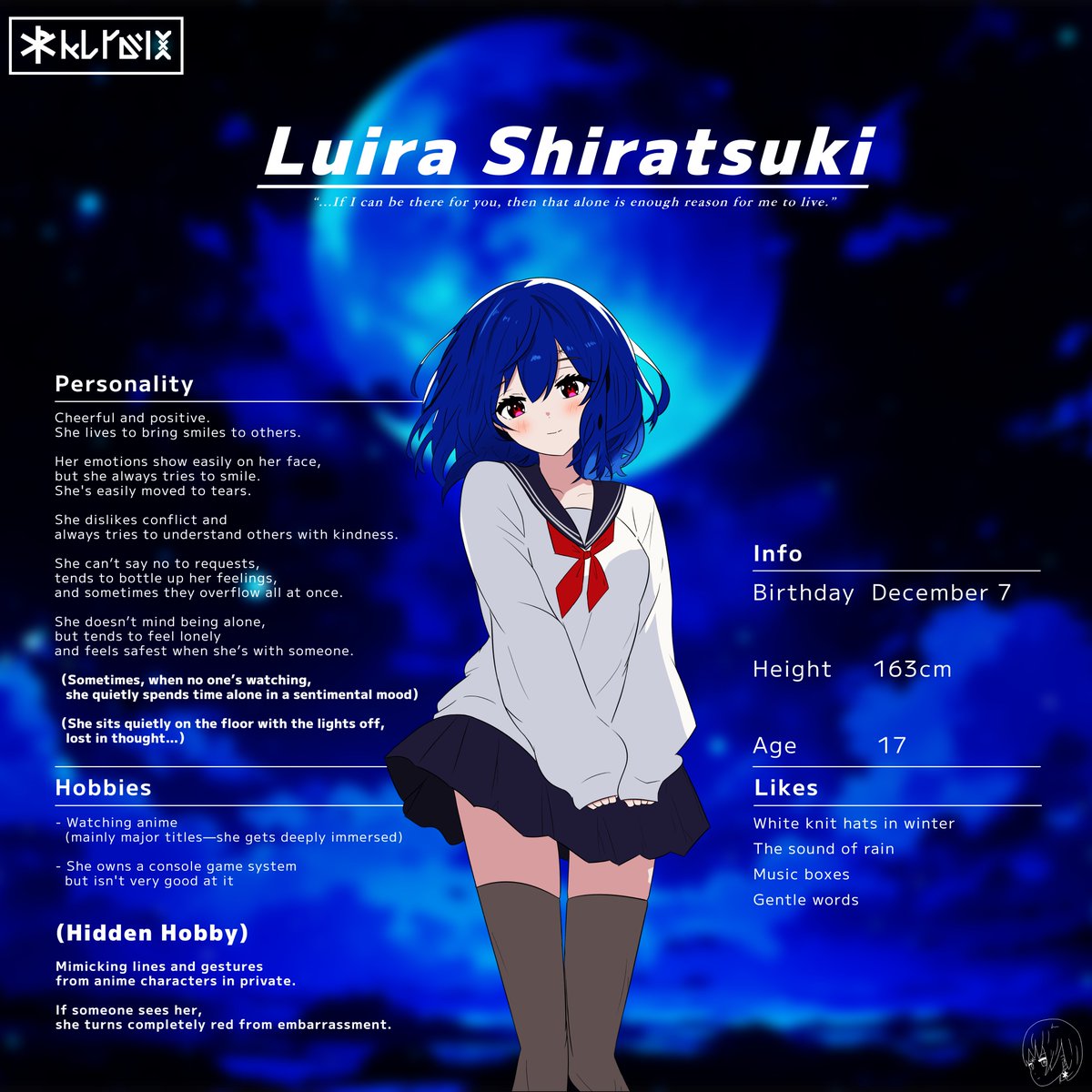 🩵【Character Introduce】🩵
KLYDIXの代表キャラクター、
白月ルイラの情報がついに公開されました！

やさしくて、涙もろくて、でも少しだけ…秘密を抱えた女の子。