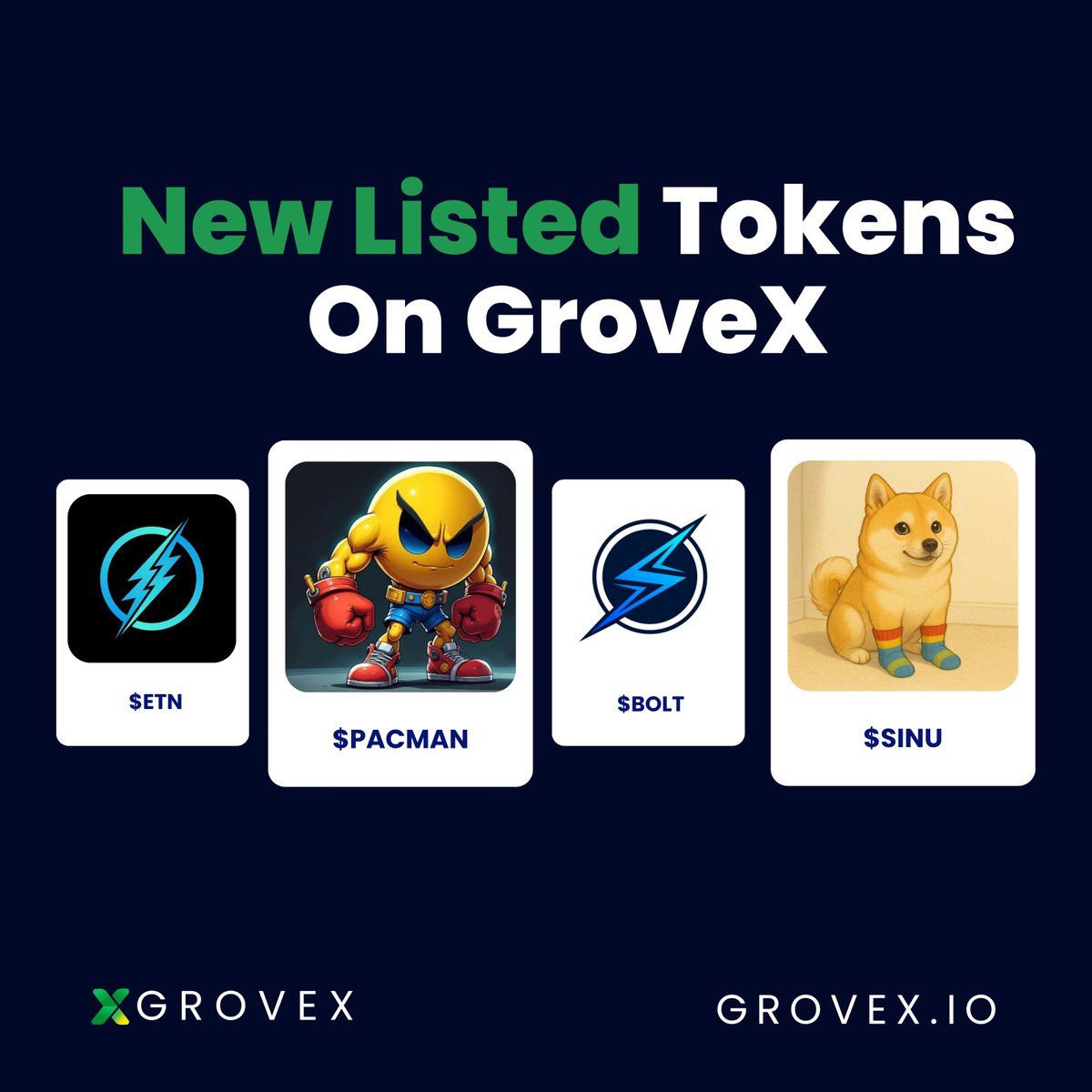 🚀 Did you catch these new listings last week? $ETN, $PACMAN, $BOLT & $SINU  are now trading live on GroveX. Explore, trade, and discover your next big  winner → https://t.co/5u6vMkmcfR #NewListings #CryptoNews #