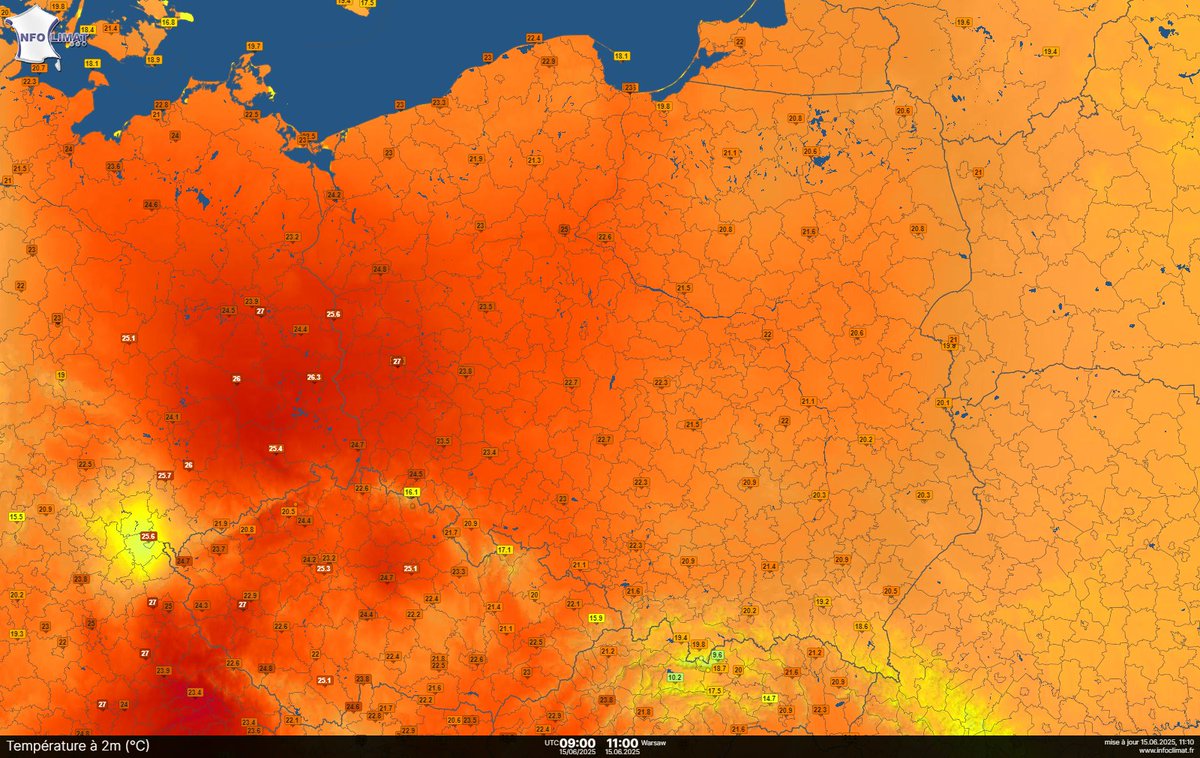 SOB_pl's tweet image. 🌡️☀️To będzie upalny dzień w zachodniej Polsce. Już teraz w #Słubice notują ponad 27 stopni Celsjusza. 
Grafika: @infoclimat 
@IMGWmeteo @MeteoprognozaPL @meteo_expert 
#obserwatorzyburz #gorąco #upał #pogoda