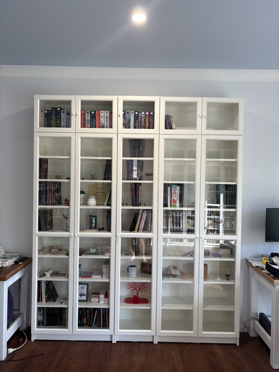 We finished the library today. It took longer than I wanted but it’s great to have working space back. The cull pile is several hundred big too. We also left room for growth and I’m forty something behind in my backlist paperback production. Working forward.