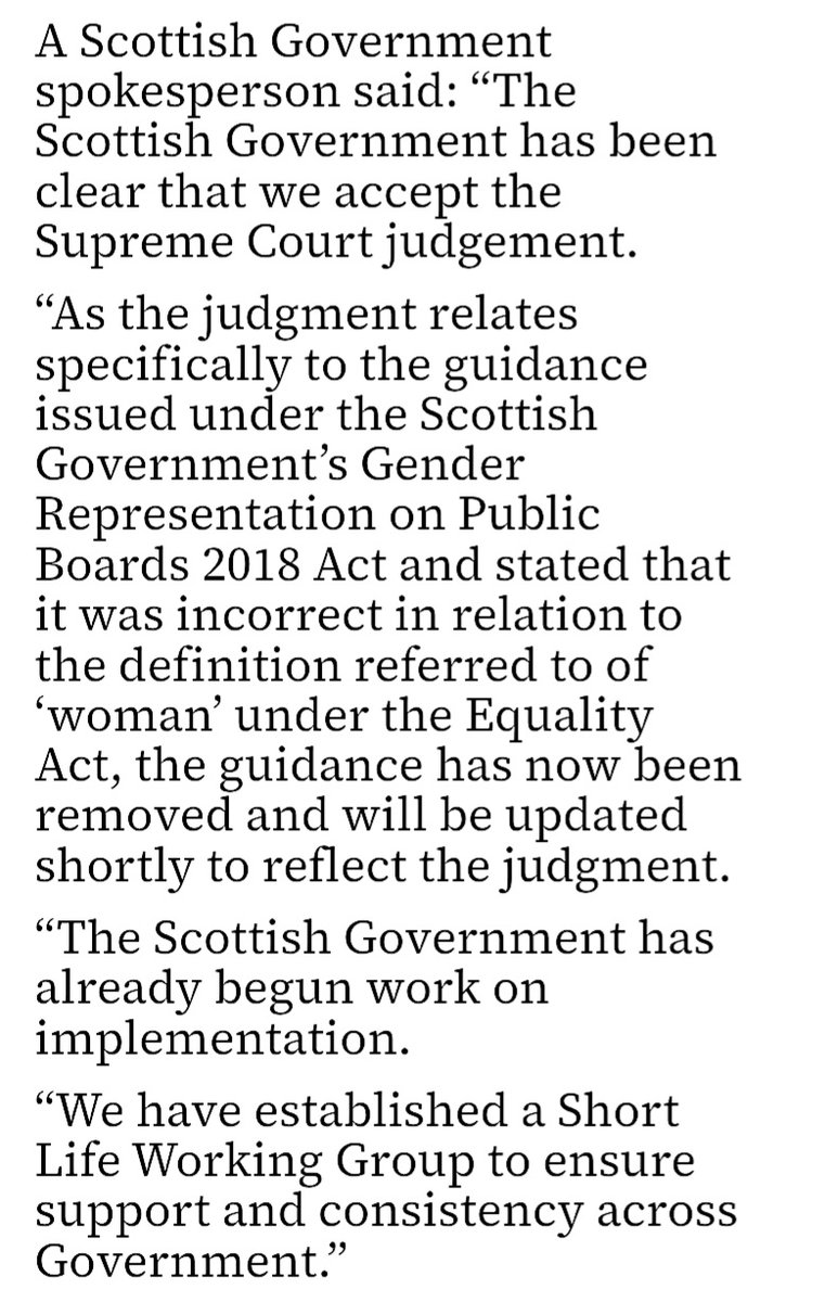 This is a deceitful comment from the Scottish Government. The Supreme Court ruling did not relate specifically to the GRPBA, this relates to the definition of sex in all UK legislation. And <a href="/scotgov/">Scottish Government</a> are not compliant with it, haven't been for 15 years. Still, only women, eh?