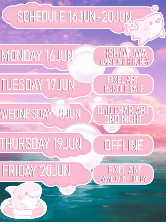 HEYY this is weeks Stream schedule :3 more gaming time with the hubby YAAAY and deffos gonna crunch in that pixel art practise &gt;:)  #VtubersEN #Vtubers