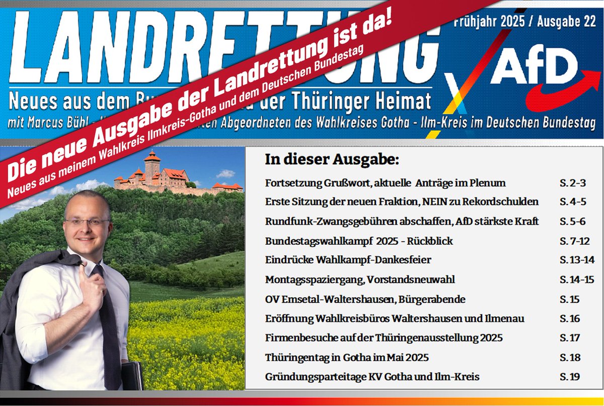 Hier können Sie die Zeitung herunterladen:

marcus-buehl.de/wp-content/upl…

Landrettung mit Marcus Bühl, Ausgabe 22, Frühjahr 2025.

Inhalte u.a.:
-NEIN zu Rekordschulden 
-Rundfunk-Zwangsgebühren abschaffen

#Ilmkreis #Gotha #WK191 #AfD #Landrettung #Zeitung #Ausgabe22 #Bühl