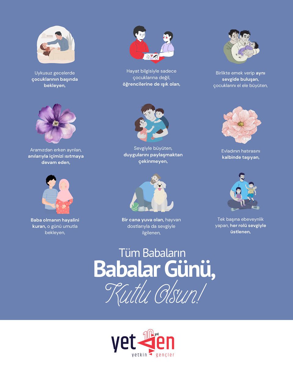 Toplumun çizdiği sınırların ötesinde, herkesin babalıkla kurduğu bağ kendine özgüdür.

Çünkü babalık; bir kalıba değil, kalpten kurulan ilişkilere dayanır.

Bugün, bu rolü kendi yoluyla, kendi sevgisiyle yaşayan herkesi sevgiyle selamlıyoruz.

Babalar Gününüz kutlu olsun. 💙