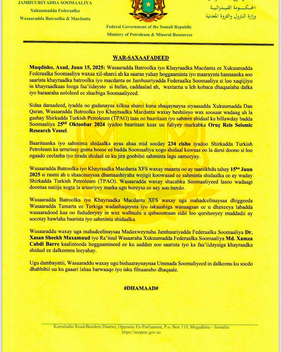 Arabey Hashi Abdi (@arabeyhashi) on Twitter photo Wasaaradda Batroolka iyo Macdanta DFS oo si Rasmi ah u Shaacisay Dhameystirka Wejiga Koowaad ee Sahminta Shidaalka Badda Soomaaliya – Juun 15, 2025 <a href="/DahaShire/">Dahir Shire</a> <a href="/TheVillaSomalia/">Villa Somalia</a> <a href="/SomaliPM/">OPM Somalia 🇸🇴</a> <a href="/sntvnews1/">SNTV News</a> <a href="/MFATurkiye/">Turkish MFA</a> Wasaaradda Batroolka iyo Macdanta DFS oo si Rasmi ah u Shaacisay Dhameystirka Wejiga Koowaad ee Sahminta Shidaalka Badda Soomaaliya – Juun 15, 2025 <a href="/DahaShire/">Dahir Shire</a> <a href="/TheVillaSomalia/">Villa Somalia</a> <a href="/SomaliPM/">OPM Somalia 🇸🇴</a> <a href="/sntvnews1/">SNTV News</a> <a href="/MFATurkiye/">Turkish MFA</a>