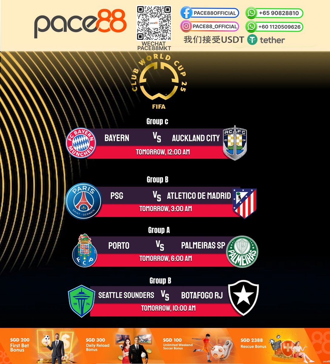 pace88official's tweet photo. MATCHDAY⚽️
🌏2025 FIFA CLUB WORLD CUP
🏆Bayern Munchen 🆚 Auckland City -⏱️12:00am
🏆Paris Saint Germain 🆚 Atletico de Madrid -⏱️3:00am
🏆Porto 🆚 Palmeiras SP -⏱️6:00am
🏆Seattle Sounders 🆚 Botafogo RJ -⏱️10:00am

Register your account now!
https://t.co/unAGMKCeEH https://t.co/ijGdJr1H6v