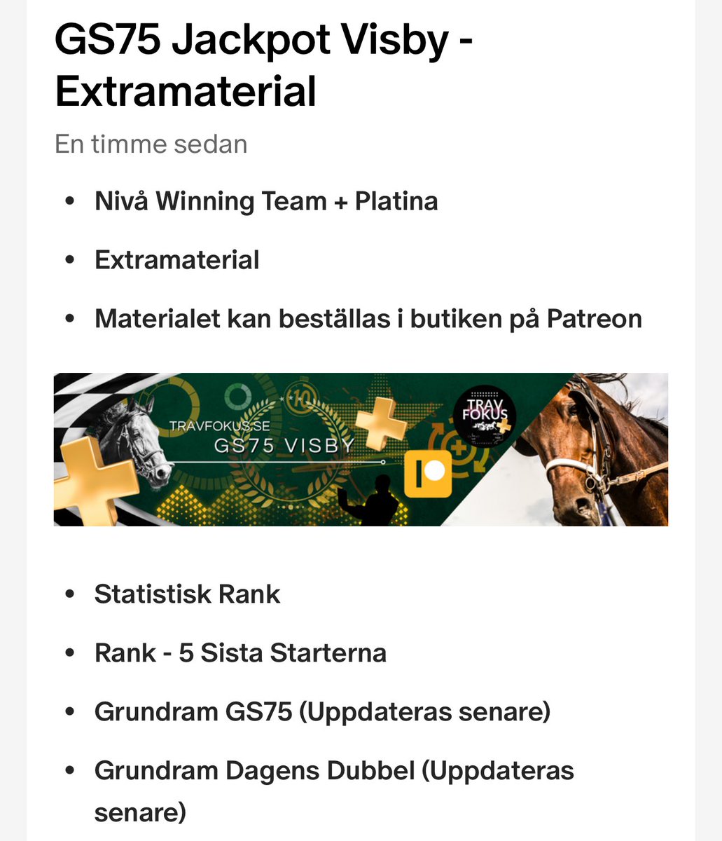 Inför GS75 Visby Jackpot

Analysgrund statistik finns via 
Patreon.com/travfokus

Njut av söndagen ☀️