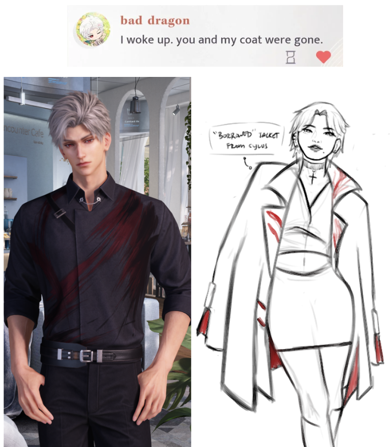 chaoslevel's tweet photo. anyway its really funny to get this sylus post yesterday, see his outfit for today, and remembering the wips i have for my mc... i guess she's "borrowing" his jacket again ☺️ https://t.co/aZNq8DD7Om