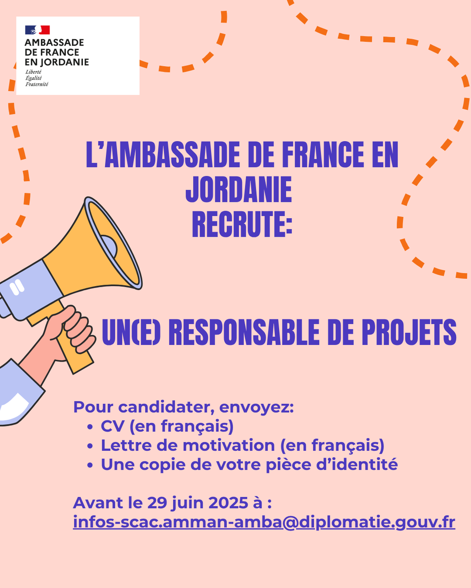France en Jordanie 🇫🇷 (@francejordanie) on Twitter photo 📣 <a href="/FranceJordanie/">France en Jordanie 🇫🇷</a> recrute un-e Responsable de projets.
Les personnes intéressées sont priées de transmettre un C.V. + lettre de motivation en 🇫🇷 ainsi qu’une copie de leur pièce d’identité avant le 29/06/2025 à:
infos-scac.amman-amba@diplomatie.gouv.fr
Pour + d’infos, consulter 📣 <a href="/FranceJordanie/">France en Jordanie 🇫🇷</a> recrute un-e Responsable de projets.
Les personnes intéressées sont priées de transmettre un C.V. + lettre de motivation en 🇫🇷 ainsi qu’une copie de leur pièce d’identité avant le 29/06/2025 à:
infos-scac.amman-amba@diplomatie.gouv.fr
Pour + d’infos, consulter