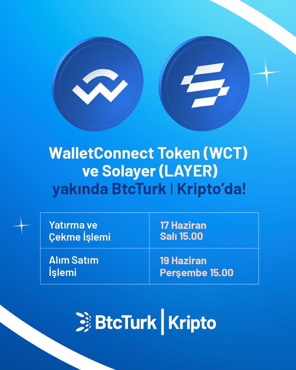 WalletConnect Token (WCT) ve Solayer (LAYER) yakında BtcTurk | Kripto’da! 📣

WalletConnect Token (WCT) ve Solayer (LAYER) yatırma çekme işlemleri 17 Haziran Salı günü saat 15.00’te başlıyor. ⏳