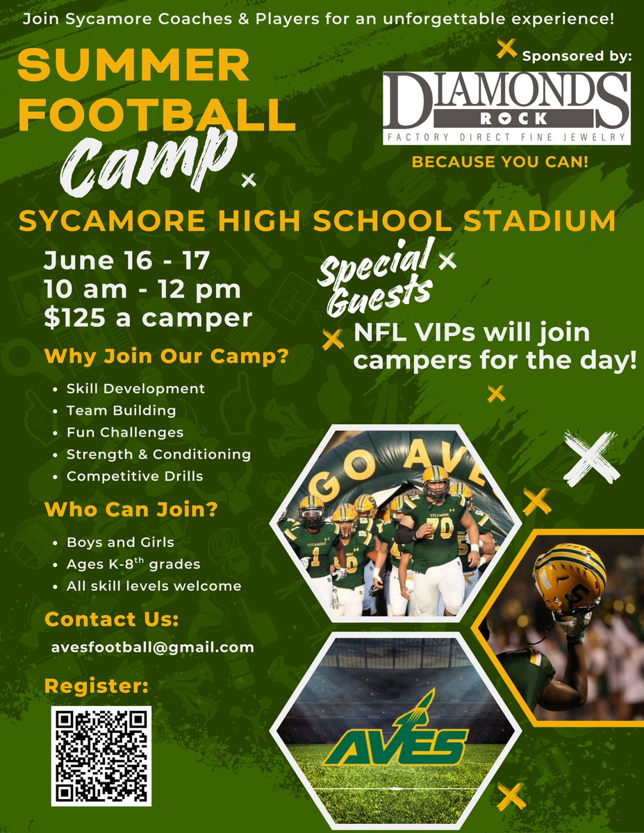 Sycamore Youth Football Camp hosted by SHS coaches &amp; players starts TOMORROW at 10 AM at our stadium! Walk-up registrations are welcome. Open to boys &amp; girls, grades K–8. $125. Special guests from the NFL &amp; MLB!  Campers receive a t-shirt &amp; water bottle sponsored by Diamonds Rock