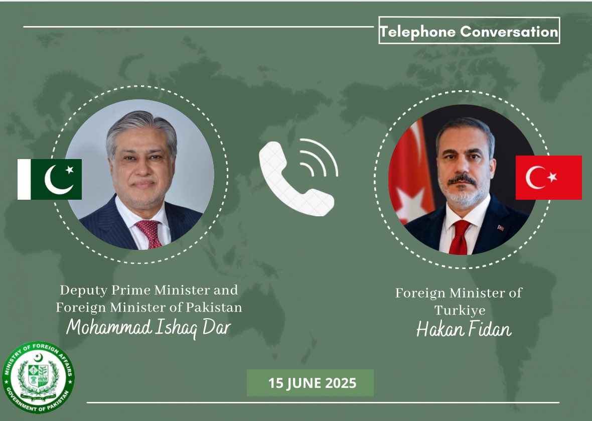 Deputy Prime Minister/Foreign Minister, Senator Mohammad Ishaq Dar <a href="/MIshaqDar50/">Ishaq Dar</a>, today received a telephone call from the Foreign Minister of Türkiye, Hakan Fidan <a href="/HakanFidan/">Hakan Fidan</a>.

The two leaders expressed deep concern and anguish over the deteriorating regional situation due to