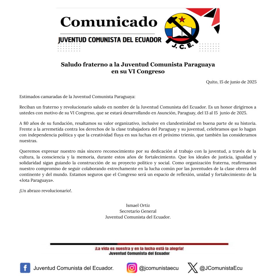 JCE_Nacional's tweet photo. Saludamos a los camaradas de la @lajotapy que se encuentran celebrando su VI Congreso. Como organización fraterna, reafirmamos nuestro compromiso de seguir colaborando en la lucha por las juventudes de la clase obrera del continente y del mundo.

¡Un abrazo revolucionario! https://t.co/pTjatsgJjV
