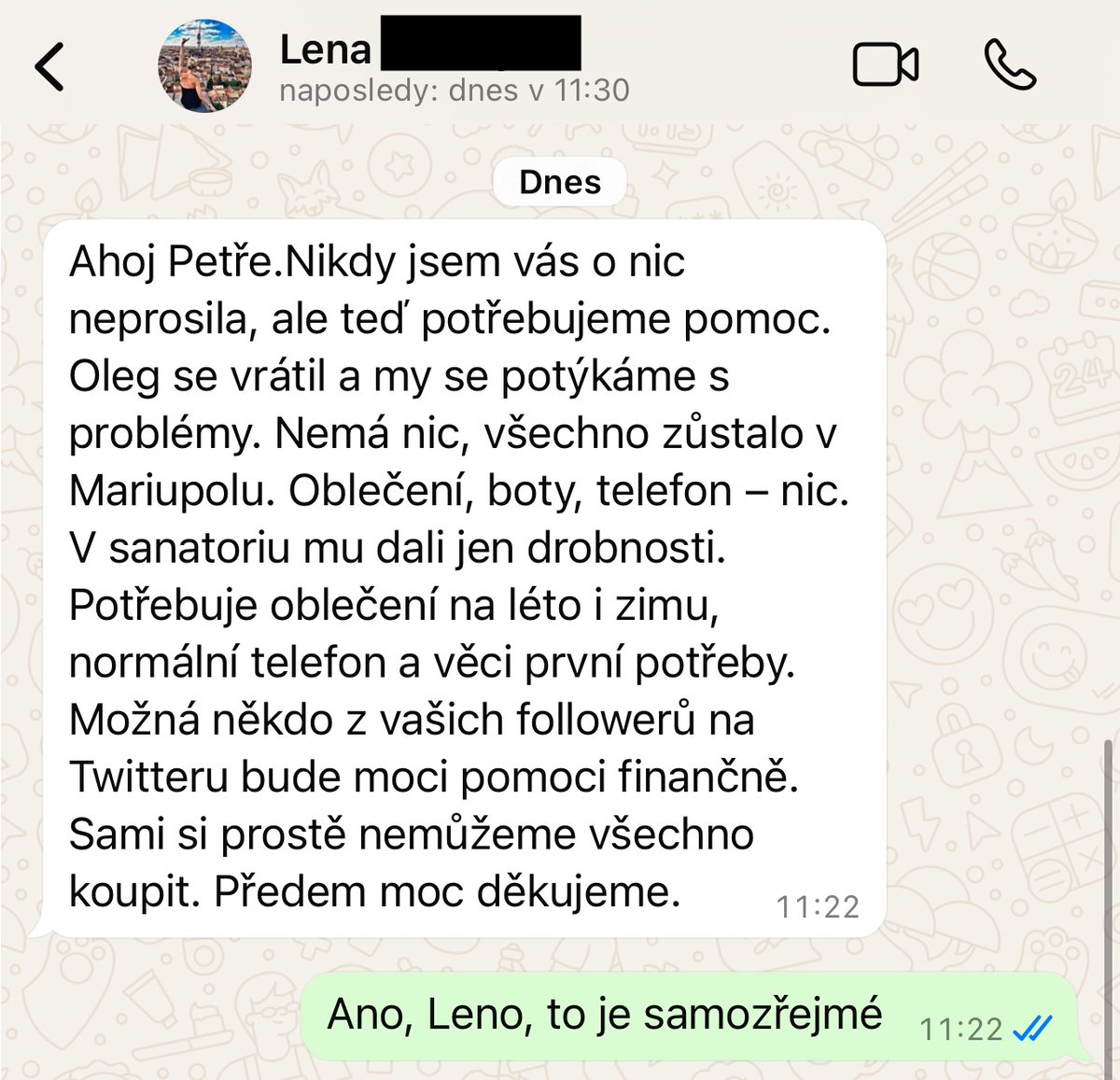 1/2 Člen naší ukrajinské rodiny, jeden z obránců Mariupolu,  se vrátil po třech letech z ruského zajetí. Nemá nic, vše zůstalo ve městě.

Prosím vás o finanční pomoc, alespoň pro začátek, který nebude lehký.

240491208/0300
Předmět: Oleg