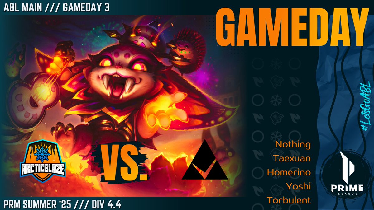 ❄️ #PrimeLeague GAMEDAY 3️⃣

🔥 #ArcticBlaze Main 🆚 <a href="/Permittaesports/">Permitta eSports</a> ❇️

Guess what.. another rematch..

🕔 Time: 18:00 CET
🎤 Cast: <a href="/Kunjutsu/">Saikunju</a>
📺 Twitch 👉 TeamArcticBlaze (German)

↗️ Nothing | <a href="/nxthin6/">Patrick</a>
🏕️ Taexuan | <a href="/TaeXuan1/">Taexuan</a>
➡️ Homerino | <a href="/HOMERIN013/">HOMERIN0</a>
↘️ Yoshi | <a href="/Yoshi_uff_/">Yoshi</a>
🚑