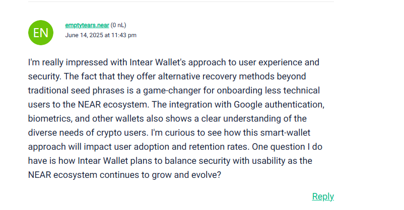 thosonle's tweet photo. Just tried Intear Wallet and wow – creating an account &amp; subaccount was a breeze. Now I’m learning with @LearnNEAR. Normies, this is for you! https://t.co/Ndp9JvTMLj